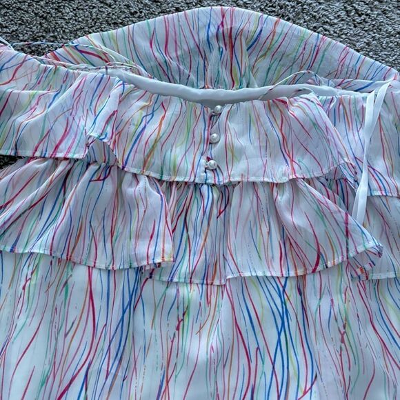 Julie Brown Tier Ruffle Stripe Top Rainbow Metallic Sheer Spaghetti Strap Medium - Picture 3 of 3